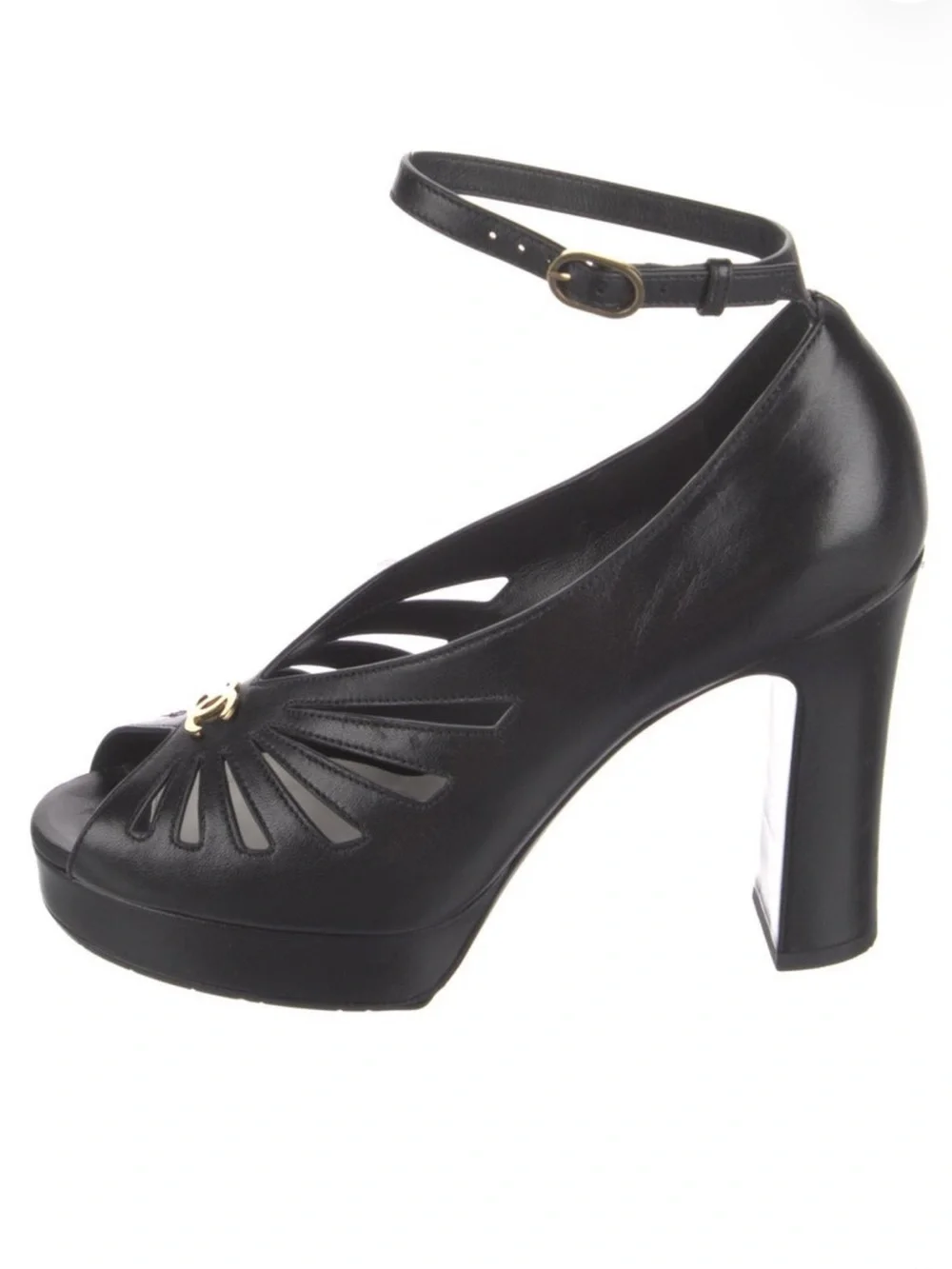 CHANEL Black Leather Cutout Peep-Toe Ankle-Strap Platform Heels